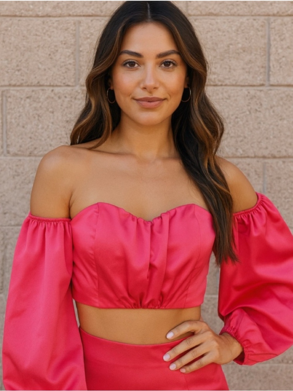 Express x Ladygang pink off shoulder puff sleeve crop top blouse size small